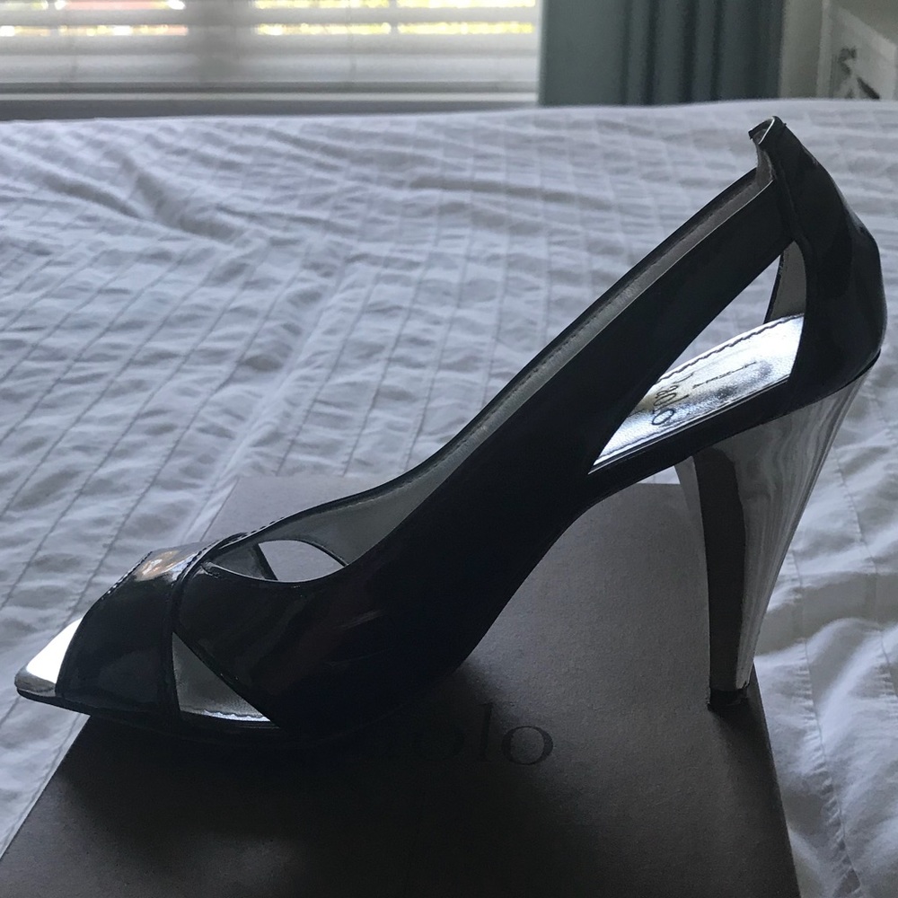 Paolo black patent open toe pumps